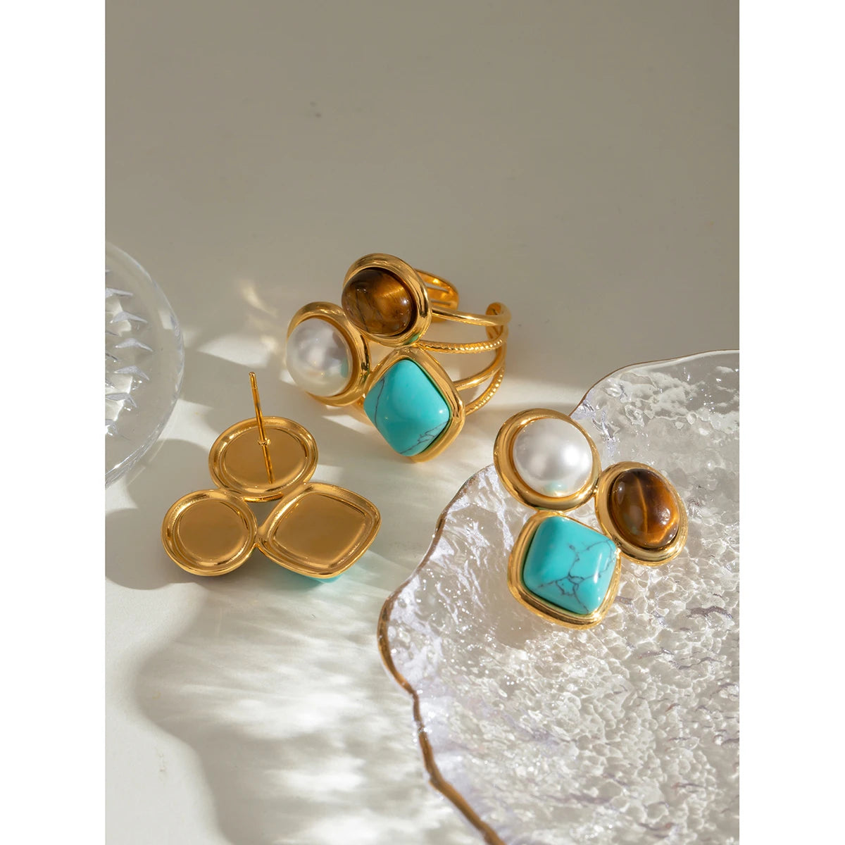 18K vergoldete Imitationsperle Ovaler natürlicher Stein Ohrring Offener Ring Ohrring Damen Edelstahl Minimalistischer Charme Schmuck