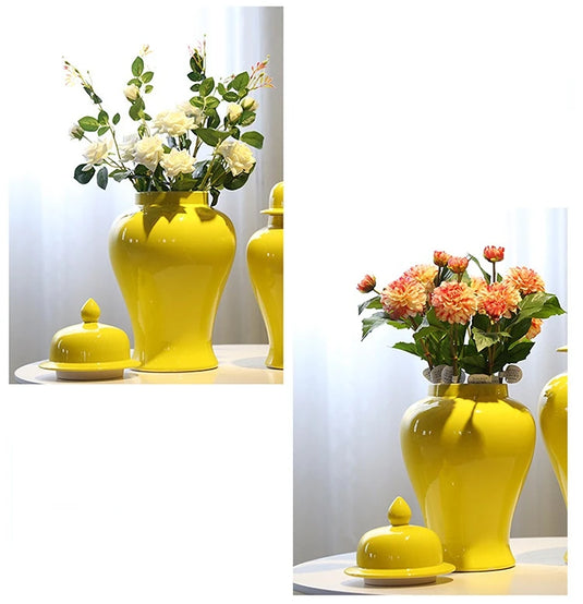 Vase décoratif chinois en céramique jaune pour arrangement floral avec couvercle, réservoir de rangement, décoration de la maison