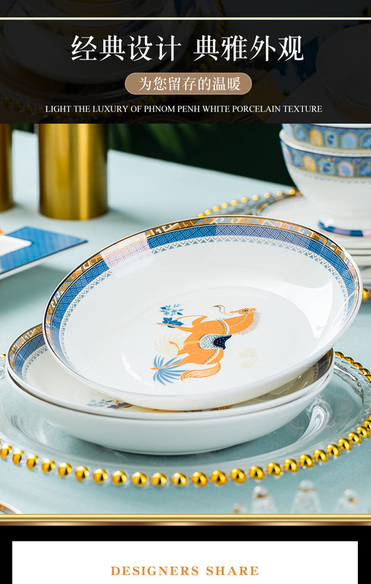 Vaisselle en céramique Jingdezhen, ensemble de bols et d'assiettes, vaisselle en porcelaine d'os de luxe nordique légère avec bordure dorée