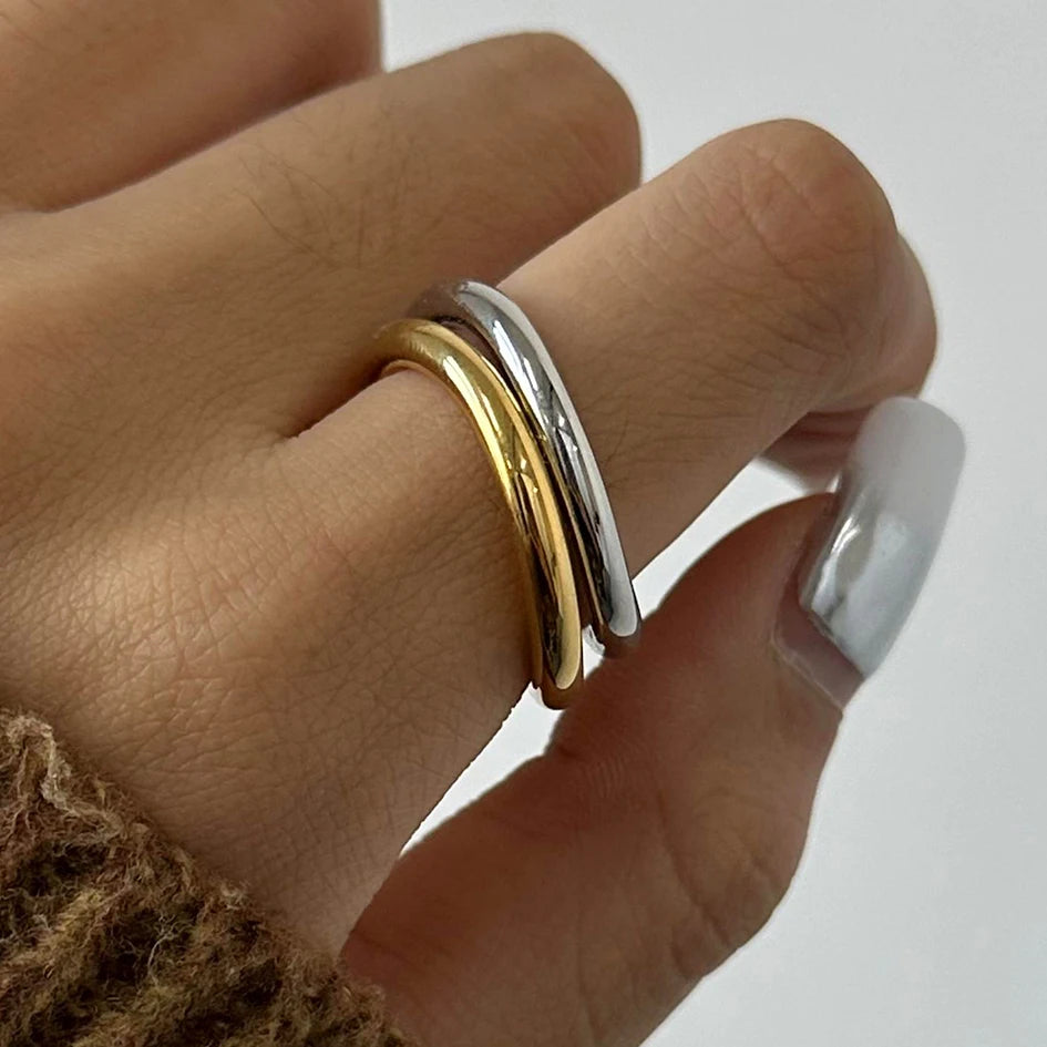 Bague Zora18k en acier inoxydable plaqué or, couleur or et argent en blocs, motif vague lisse pour femmes, bijoux de luxe léger haut de gamme