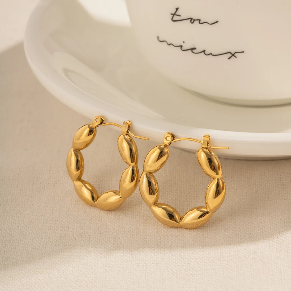 Personality Vintage C-shaped Stainless Steel Seed Bead Hoop Earrings For Women Geometric Waterproof Jewelry Gift