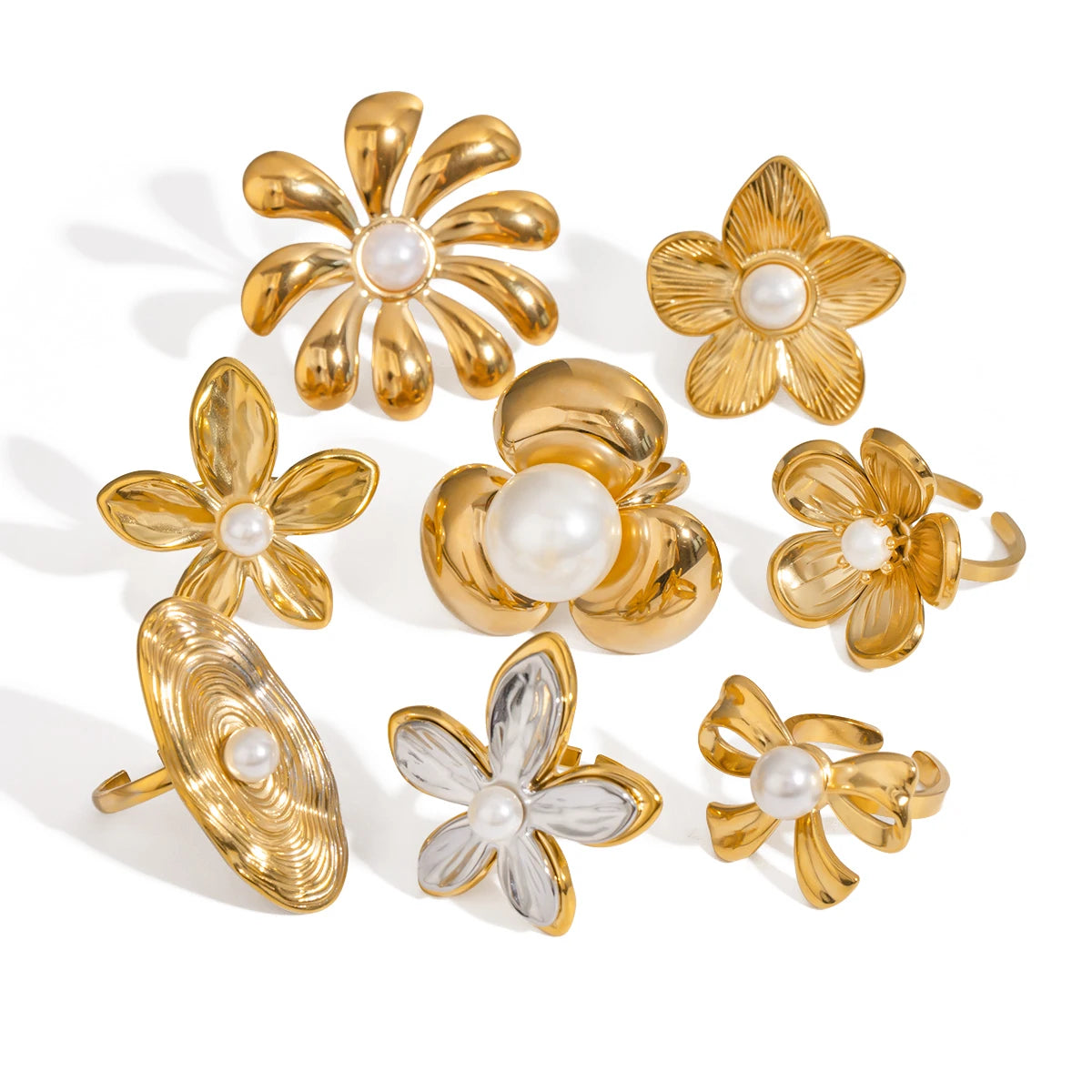 Vintage 18K Gold Plated Stainless Steel Pearl Geometric Flower Shaped Open End Ring Women Anti Allergic Charm Daily Jewelry