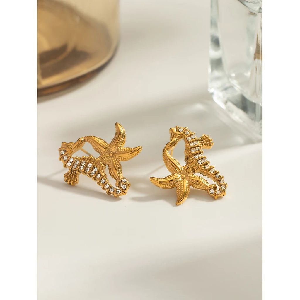 Orecchini in acciaio inossidabile semplici con cavalluccio marino, stella marina, pezzo unico, strass, metallo anti-allergico, gioielli placcati in oro 18K PVD Bijoux