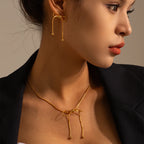 Minimalist Bow Tassel Earrings Open Ring Necklace Combination Jewelry Women Trendy 18K Gold Stainless Steel Daily Wearing