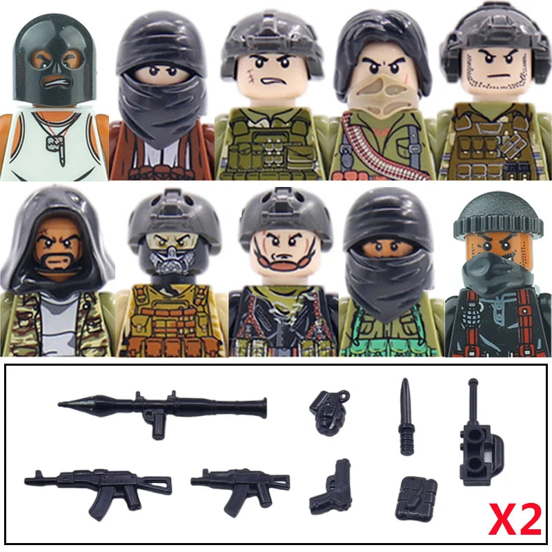 City Accessories MOC Villain Gangster Figures Building Block Modern Soldier Mask Helmet Guns Bazooka Military Weapon Bricks Toys