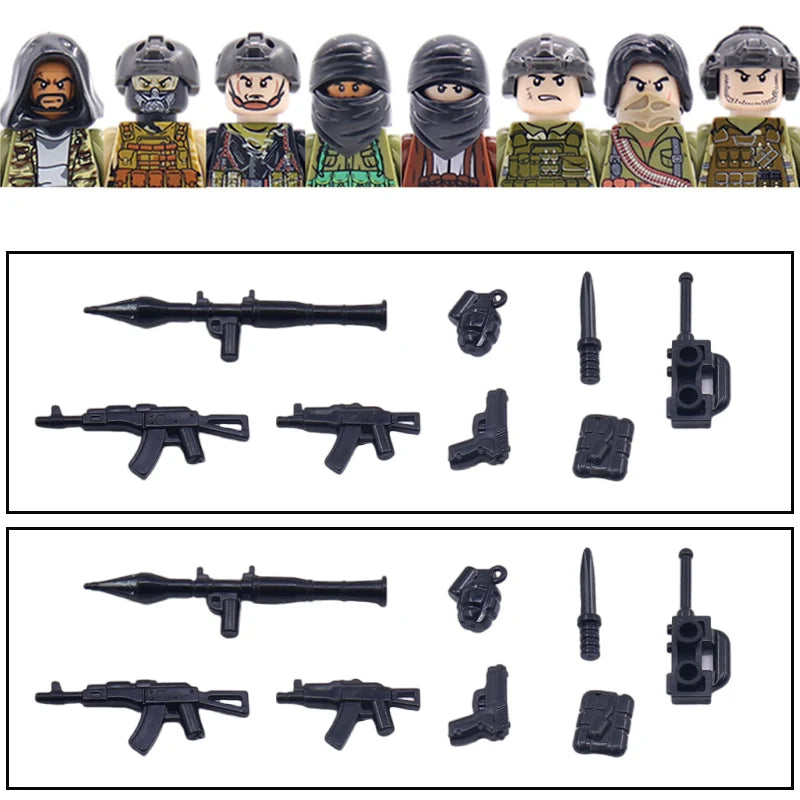 City Accessories MOC Villain Gangster Figures Building Block Modern Soldier Mask Helmet Guns Bazooka Military Weapon Bricks Toys