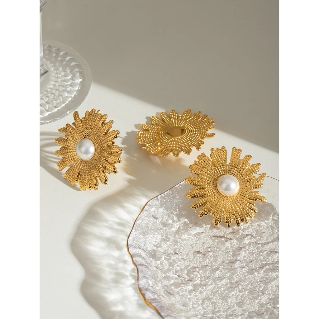 Minimalistisk 18K rustfrit stål Imitation Shell Bead Hammer Grain Texture Blomsterøreringe Ring Damer Rustfast Trendy smykker