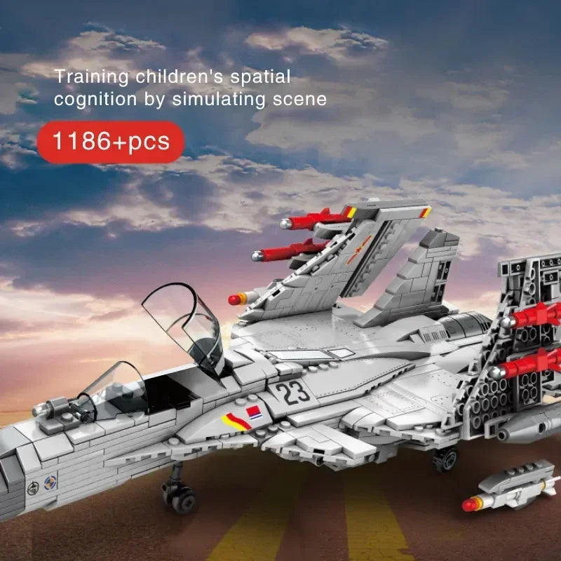 1186pcs Military Chinese J-15 Carrier Fighter Aircraft Flying Shark Model Building Blocks Plane Bricks for Children Boy Toy Gift