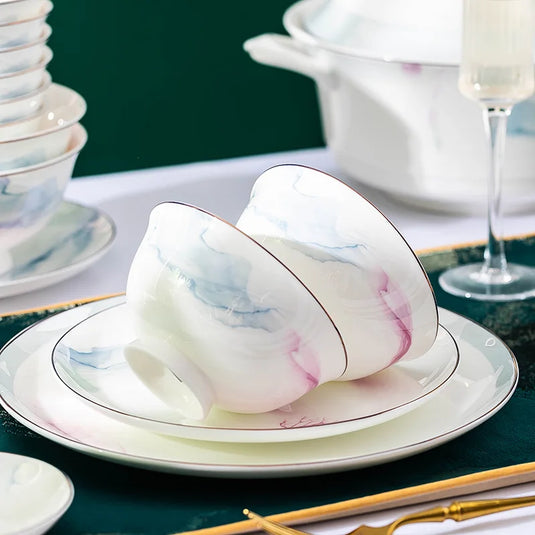 Jingdezhen Ceramic Bowl and Dish Set, Bone Porcelain Bowl and Chopstick Household Tableware Set