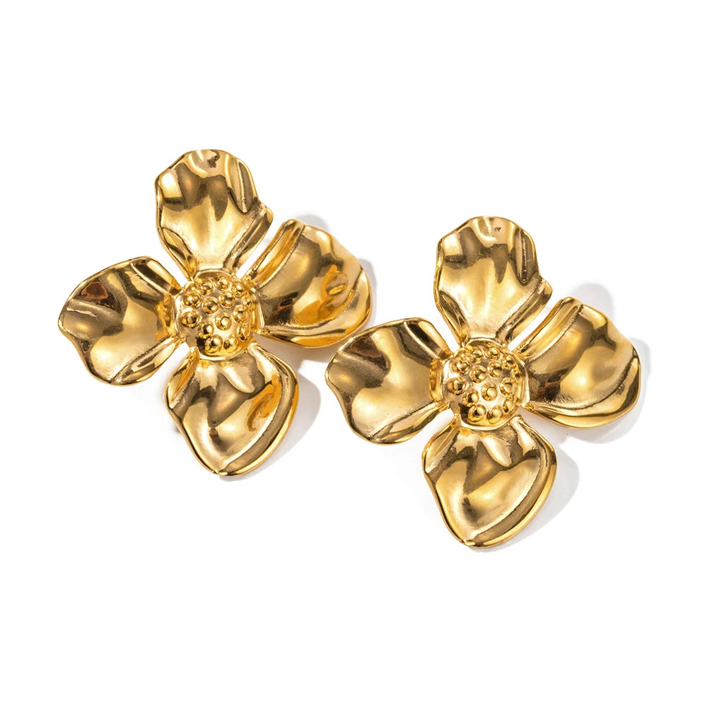 Exaggerated Stainless Steel Flower Stud Earrings 18K Gold PVD Plated Stainless Steel Texture Charm Fashion Female Jewelry gift