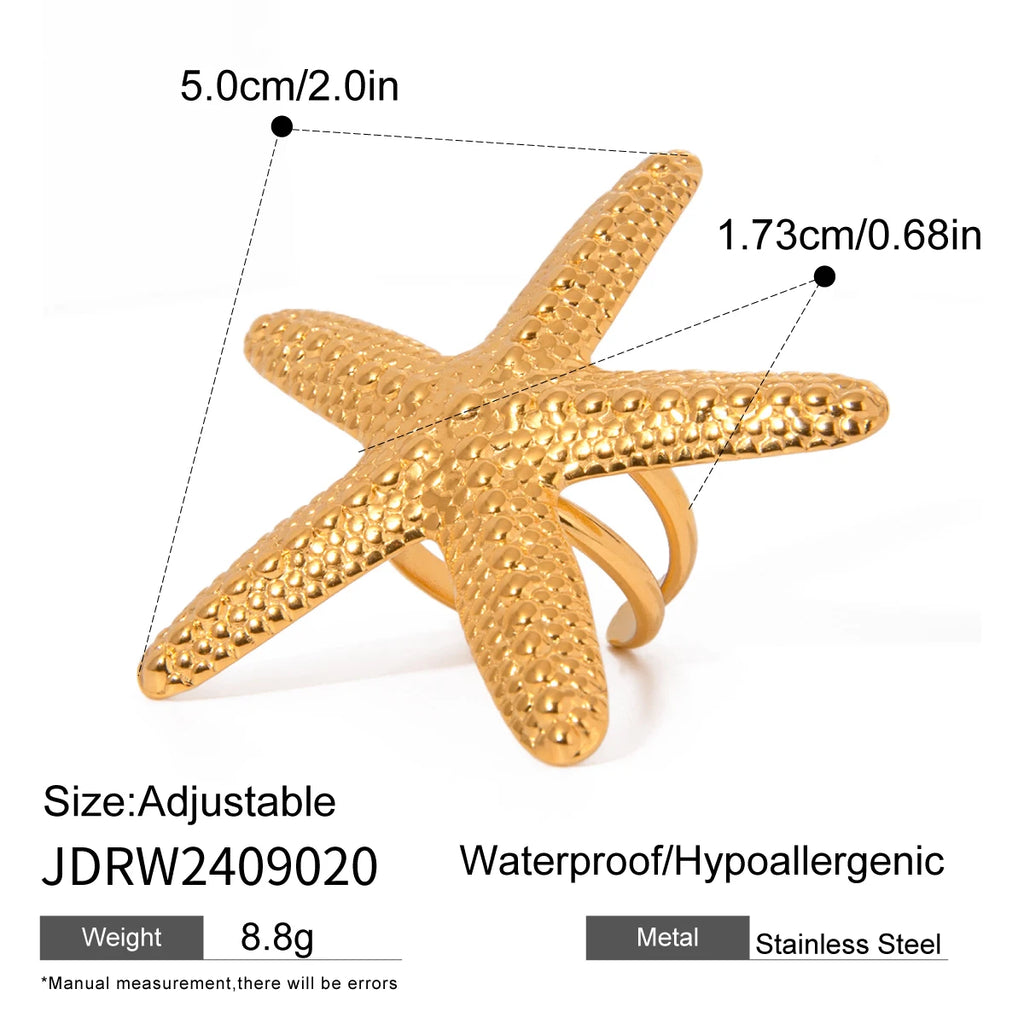 Sea Beach 18K vergoldeter Edelstahl Mode Hammer Korn Seestern Offener Ring Damen Romantische Anhänger Metall Täglicher Schmuck