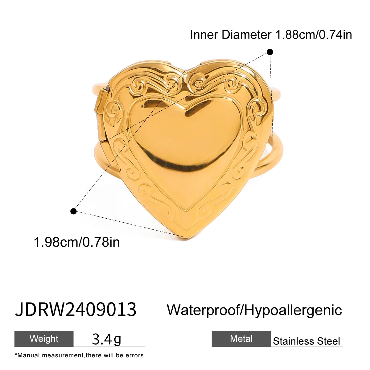 18K Gold Plated Charm Romantic Pattern Love Heart Photo Box Adjustable Open Ring Women Anti Allergic Gala Gift Jewelry