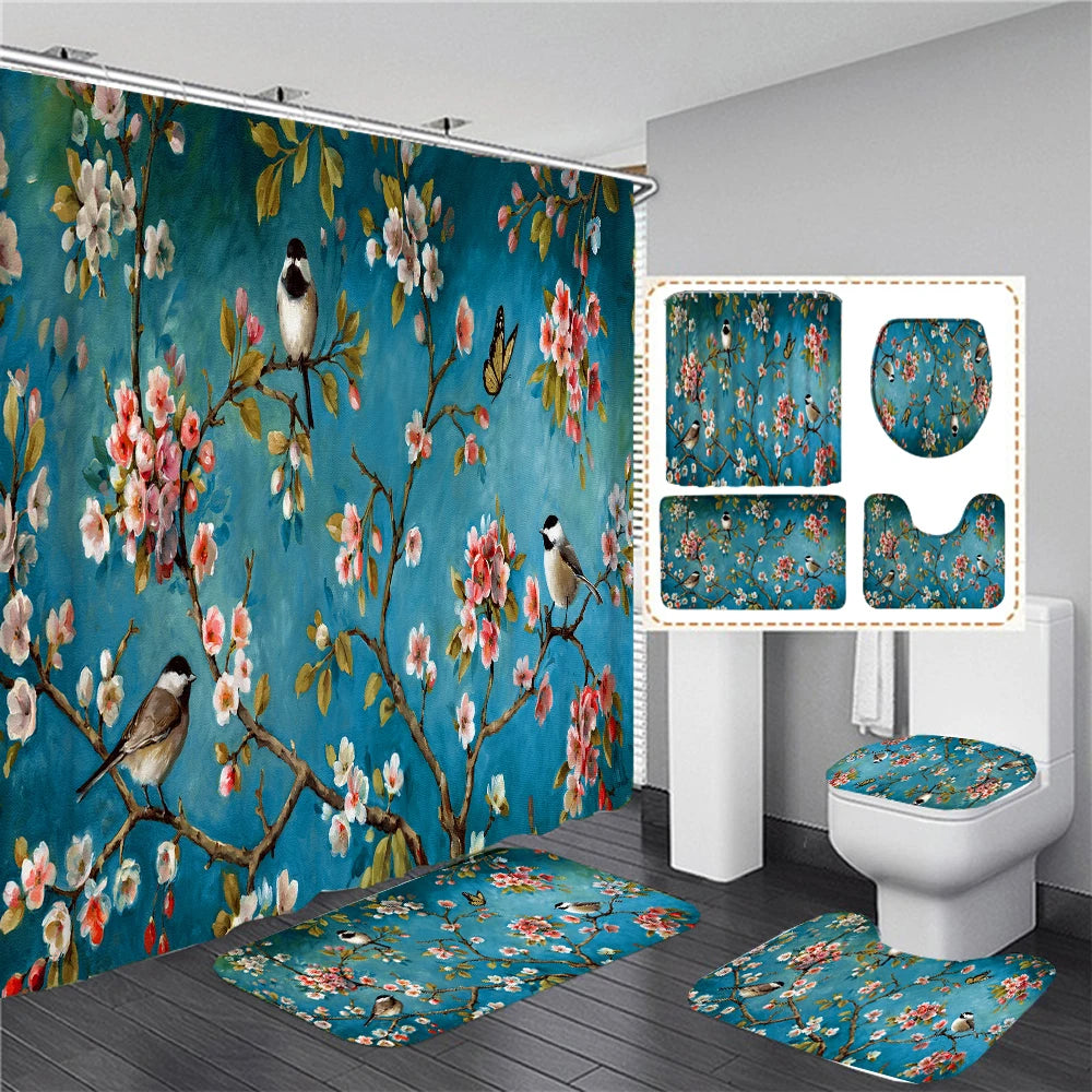 Chinese style Flowers and Birds Waterproof Shower Curtain Set Toilet Seat Cover Bath Non-Slip Mat Rug Carpet Bathroom Decor