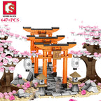 SEMBO BLOCK Sakura Street View Blocks City Cherry Blossom Japanese Sakura Tree Diy House Mini Model Building Children Toys