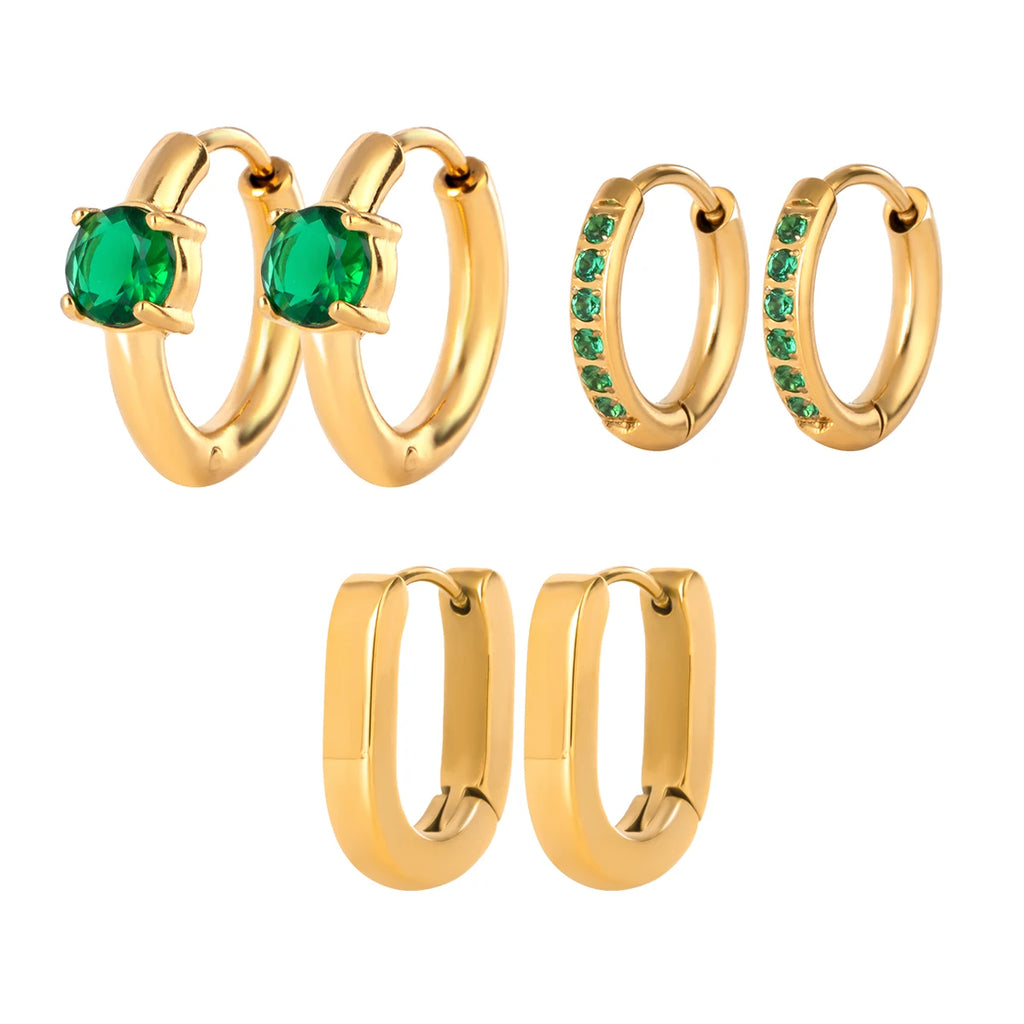 18k Stainless Steel Vintage Green Zircon Ear Clip Hoop Earrings 3 Pairs In One Card Women Statement Charm Rust Proof Jewelry