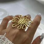 18K Gold Plated Exquisite Hammer Grain Hollowed Out Flower Earrings Open Ring Women Stainless Steel Minimalist Charm Jewelry