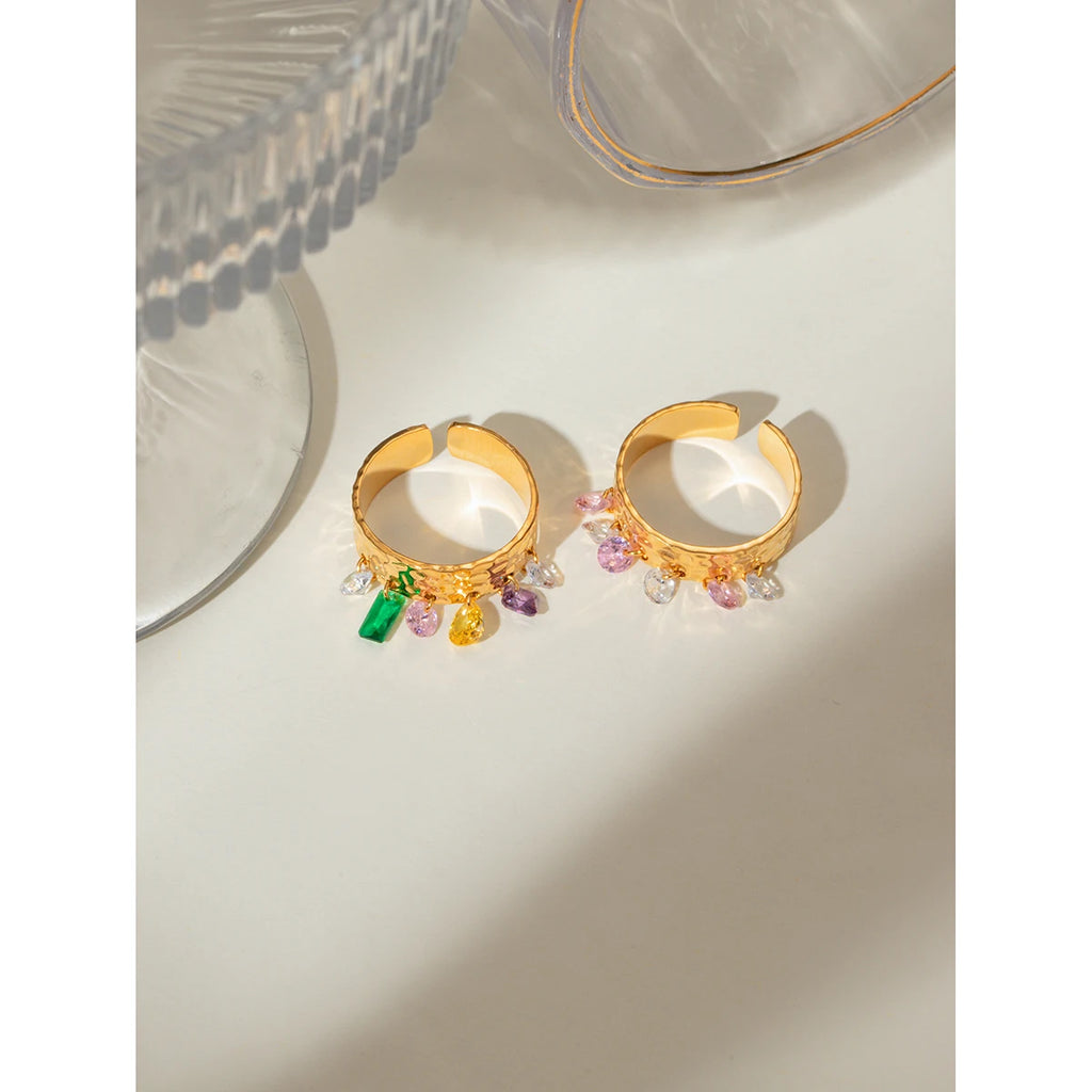 Anel Aberto Feminino de Aço Inoxidável com Pedra Natural Colorida, Padrão de Grão Martelado, Banhado a Ouro 18K Anti-alérgico, Charme para Uso Diário