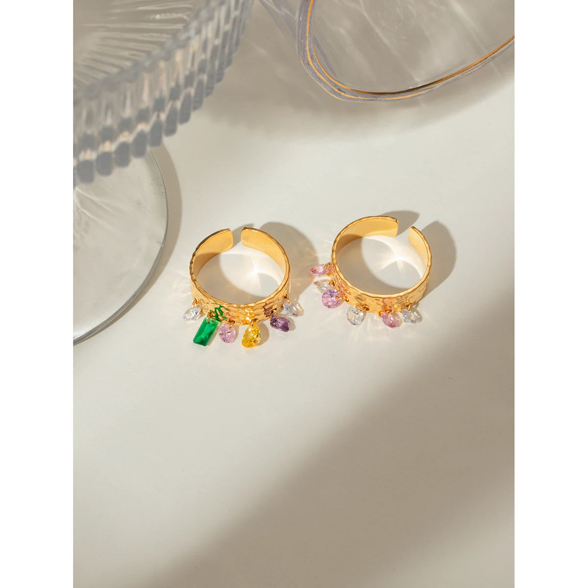 Антиаллергическое кольцо с открытым дизайном из нержавеющей стали с натуральным камнем, цветное, с узором зерен молотка, позолоченное 18К, женское, повседневное украшение с шармом