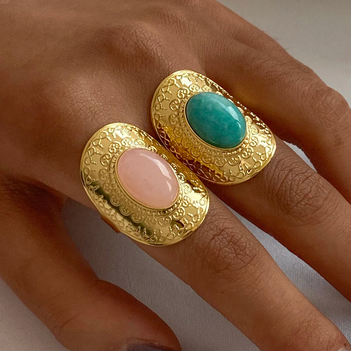 Vintage Green Pink Natural Stone Stainless Steel Open Ring Statemnet Chunky Hyperbolic Finger Rings Trendy Jewelry for Women