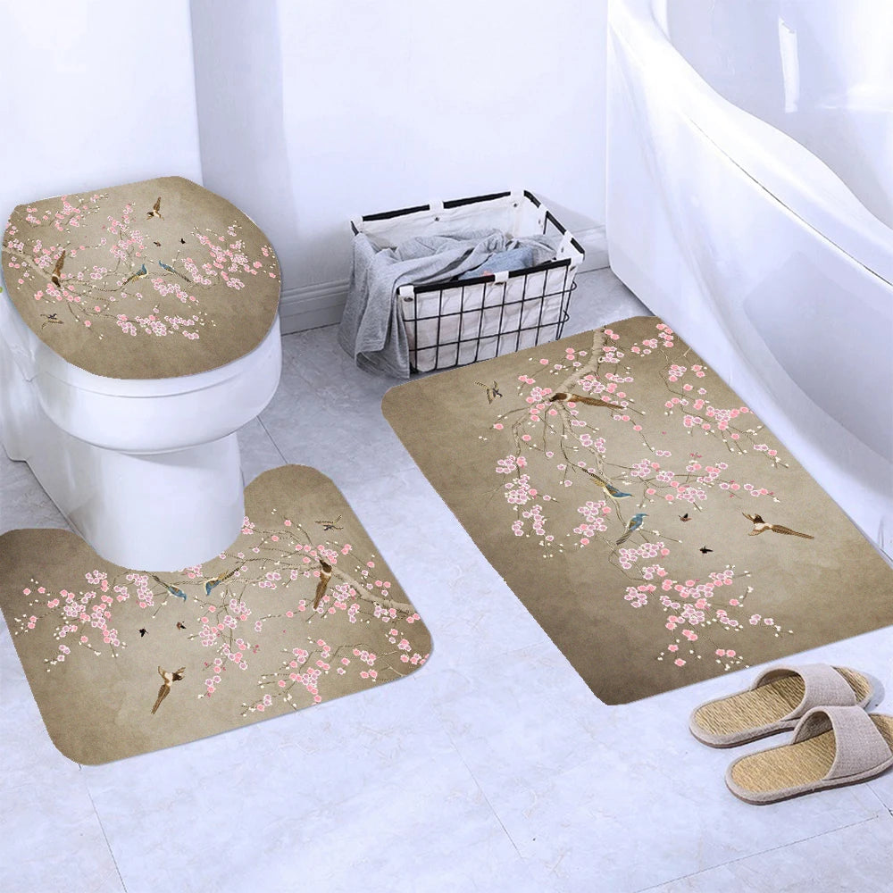 Chinese style Flowers and Birds Waterproof Shower Curtain Set Toilet Seat Cover Bath Non-Slip Mat Rug Carpet Bathroom Decor