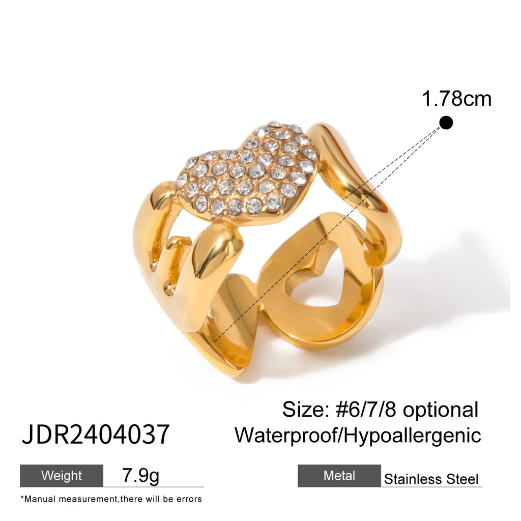 18K PVD gecoate lichte gezellige roestvrijstalen geometrische LOVE letter inleg met rhinestone gesloten ring dames premium sieraden