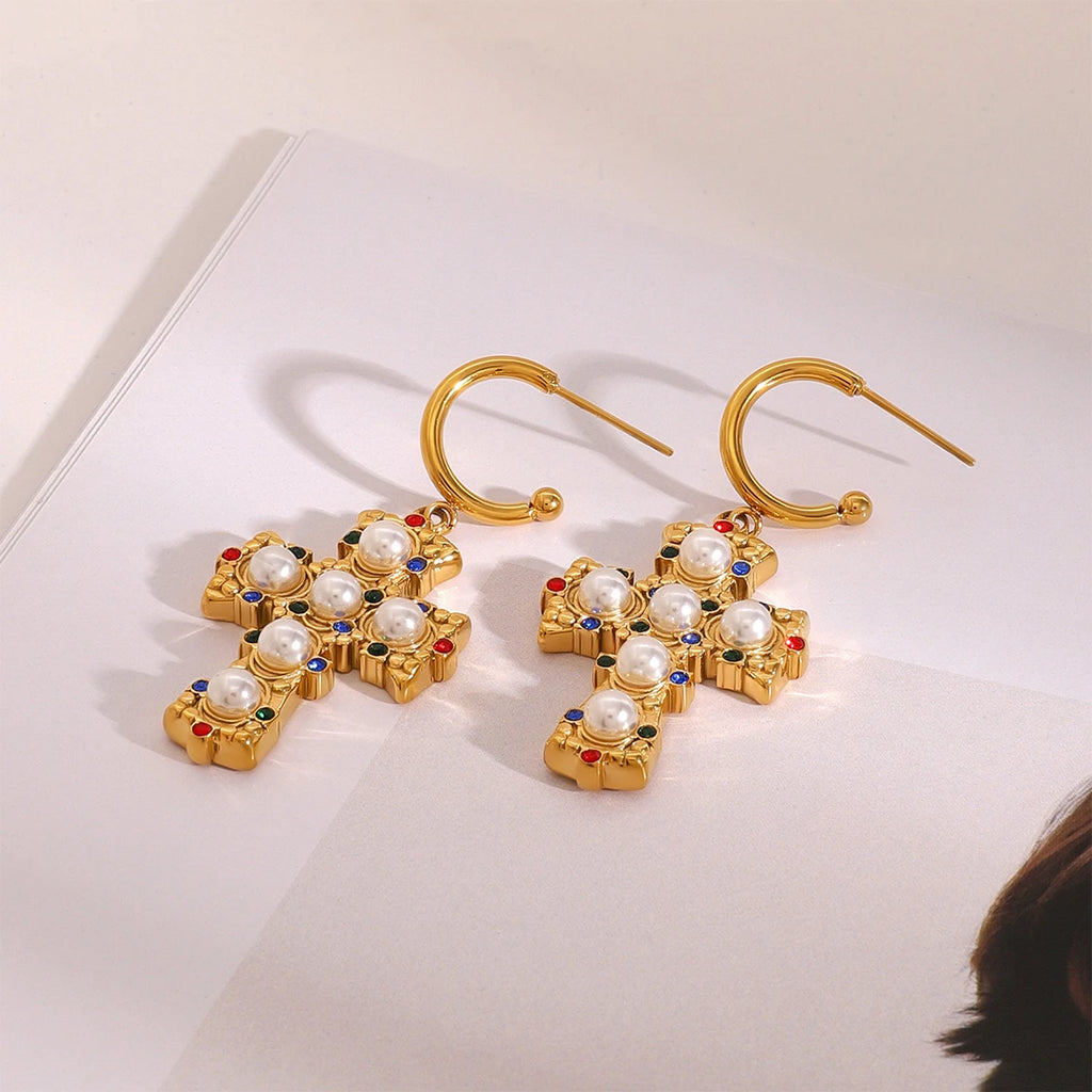 18k Gold Plated Stainless Steel High End Diamond Bead Cross Pendant Earring Prevent Allergy Temperament Fashion Charm Jewelry