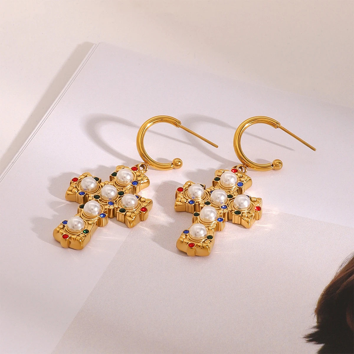 18k Gold Plated Stainless Steel High End Diamond Bead Cross Pendant Earring Prevent Allergy Temperament Fashion Charm Jewelry