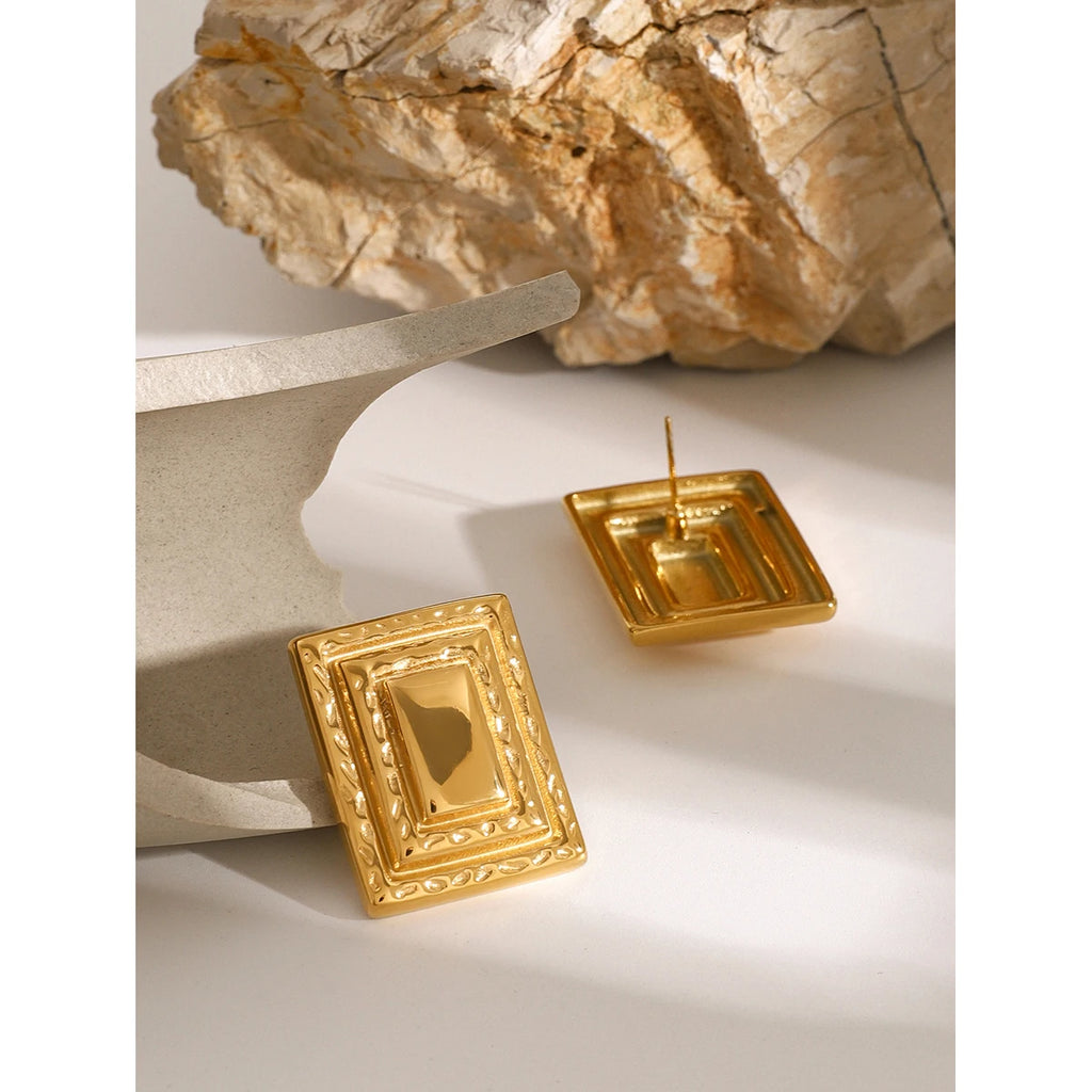 18K PVD Plated Fashion Vintage Rectangle Triple Layered Earrings Stainless Steel Women Prevent Allergy Trendy Daily Jewelry