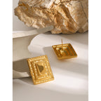 18K PVD Plated Fashion Vintage Rectangle Triple Layered Earrings Stainless Steel Women Prevent Allergy Trendy Daily Jewelry