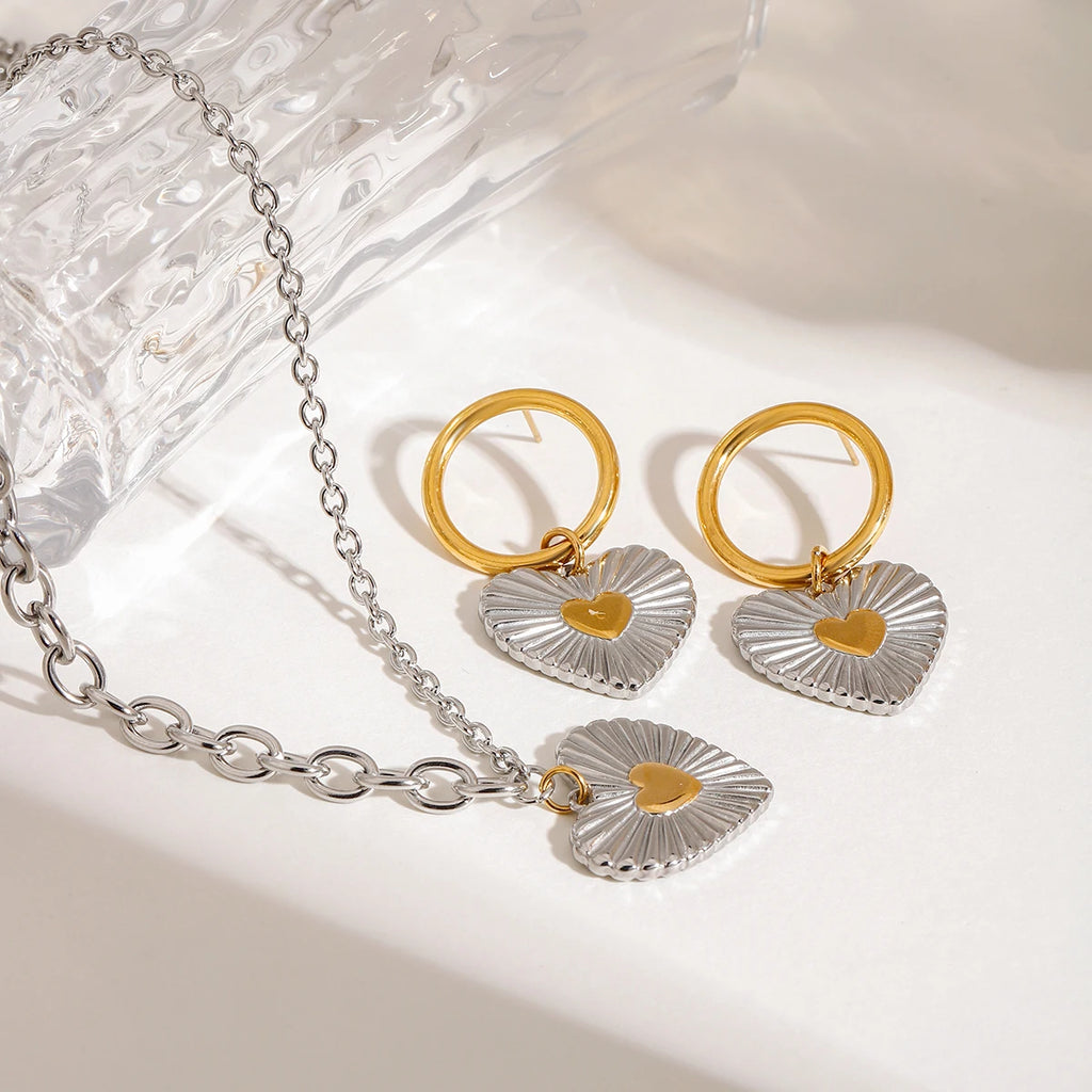Colar e Brincos Femininos de Coração de Amor com Costura Dourada, Cor Prata e Dourada, em Aço Inoxidável Banhado a Ouro 18k, Anti-alérgicos
