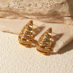 Orecchino a goccia d'acqua cavo striato minimalista placcato in oro 18k in acciaio inossidabile con strass incastonati, gioielleria europea di tendenza e di grande effetto