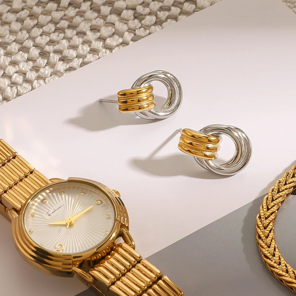 Guld Sølv Farve Blokeret Gevind Oprullede Simple Øreringe Rustfri 18K PVD belagt rustfrit stål Metal Tekstur smykker