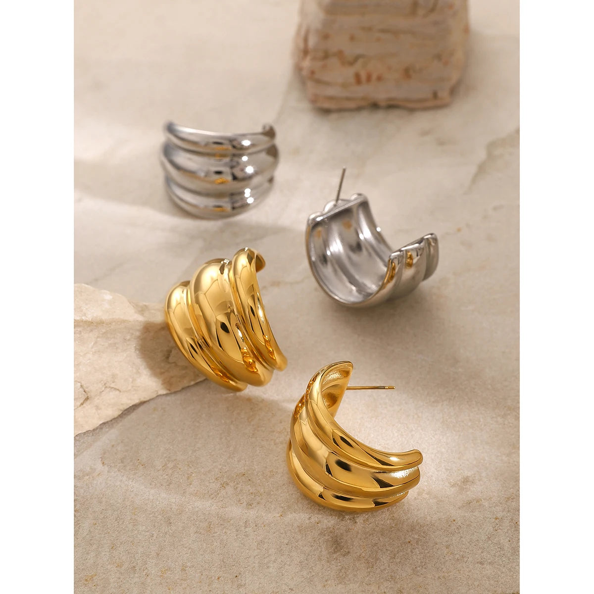 18K PVD Plated Fashion Geometric Three Layered Threaded Smooth Earrings Stainless Steel Women Prevent Allergy Stylish Jewelry