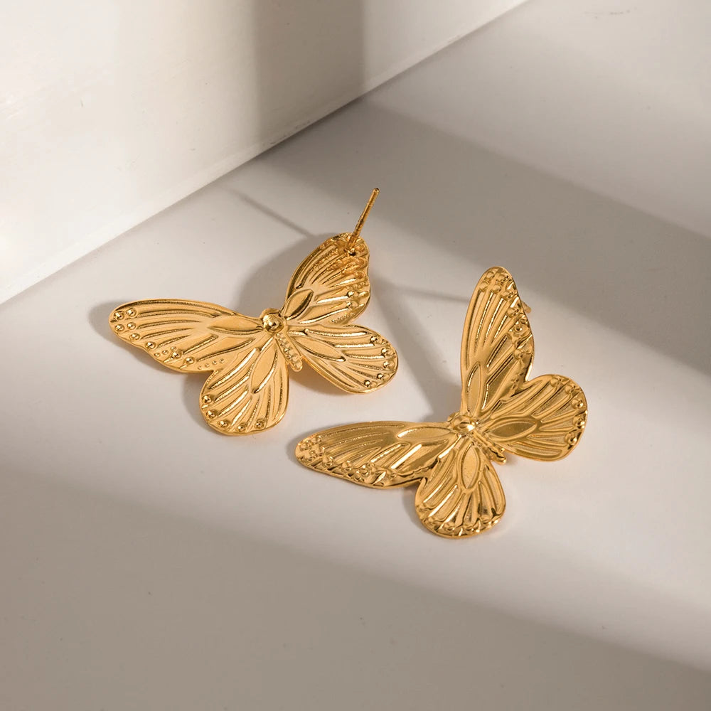 18K Gold Plated Stainless Steel Minimalist Retro Tarnish-proof Butterfly Textured Stud Earrings Unique Women Metal Ear Jewelry