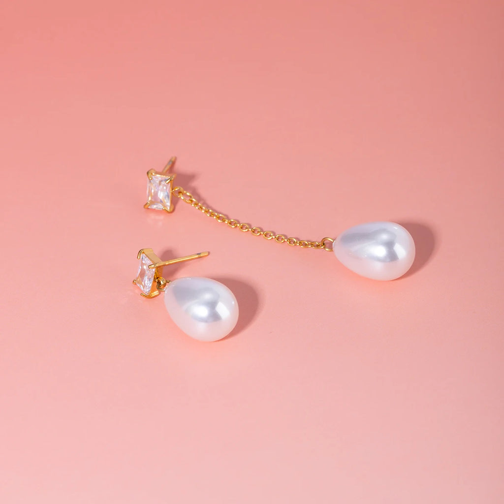 18K PVD Edelstahl Leichter Luxus Rechteckiger Zirkon Tropfenförmiger Asymmetrischer Anhänger Perlenohrringe Damen Statement Schmuck