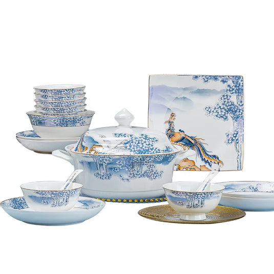 Ensemble complet de bols, plats et assiettes en céramique de Jingdezhen, ensemble de vaisselle en porcelaine bleue et blanche