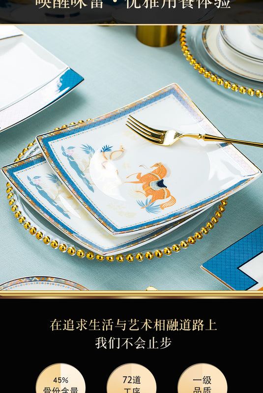 Jingdezhen ceramic tableware,bowl and plate set,household Nordic light luxury gold border bone china tableware