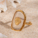 Ovaler 18K vergoldeter Edelstahl-Oval-Muschel-Skallop-Hammer-Offener-Endring für Damen, anti-allergischer Charme, täglicher Schmuck, Bijoux