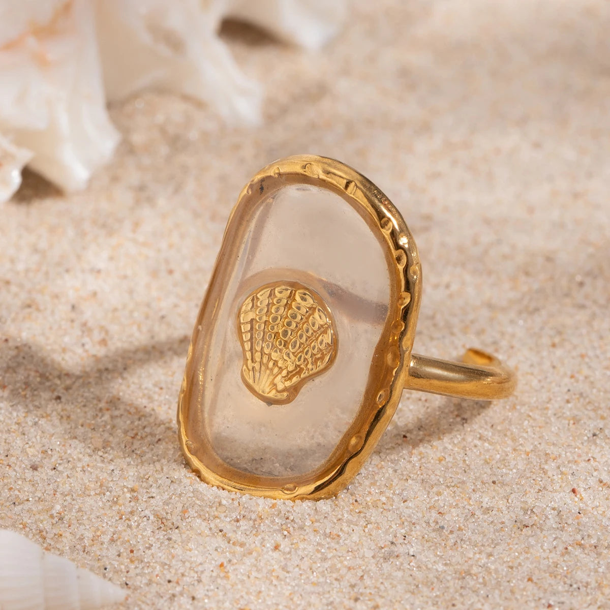 Ovaler 18K vergoldeter Edelstahl-Oval-Muschel-Skallop-Hammer-Offener-Endring für Damen, anti-allergischer Charme, täglicher Schmuck, Bijoux