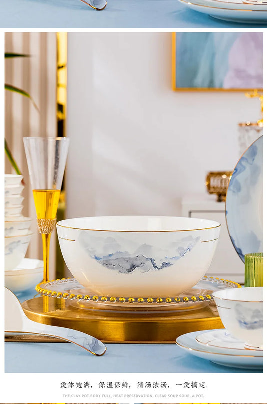 Jingdezhen Light Luxury Wind Bowl and Dish Set Household Bone Porcelain Tableware Bowls, Chopsticks, and Dishes Complete Set