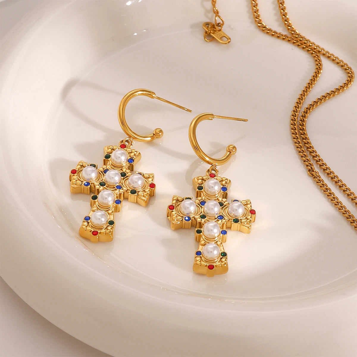 18k Gold Plated Stainless Steel High End Diamond Bead Cross Pendant Earring Prevent Allergy Temperament Fashion Charm Jewelry