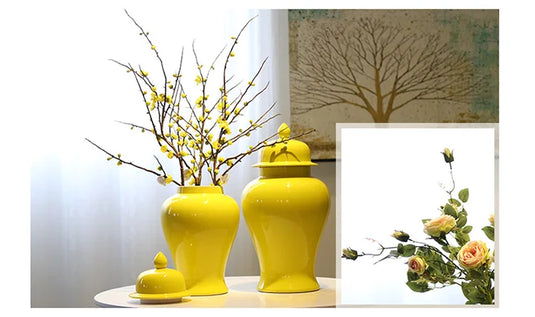 Vase décoratif chinois en céramique jaune pour arrangement floral avec couvercle, réservoir de rangement, décoration de la maison