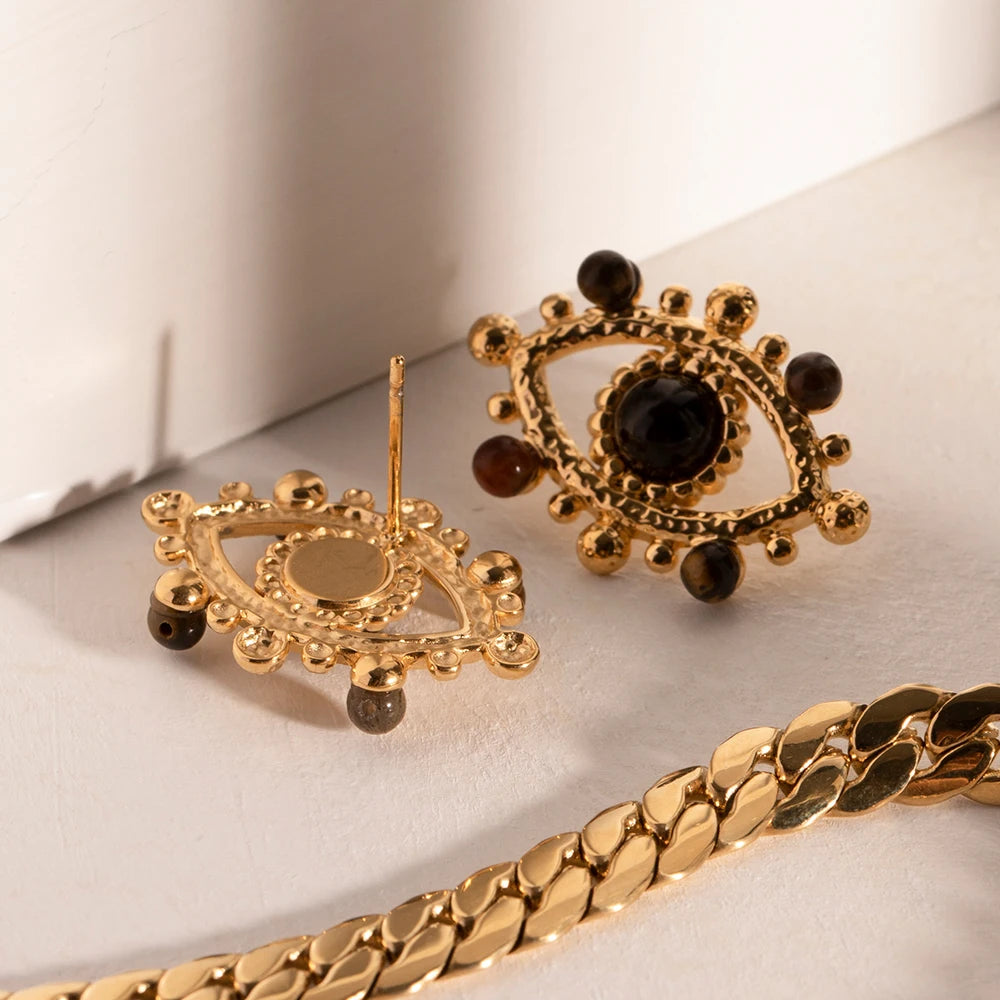 Roestvrij Staal Waterdicht Licht Luxe 18K Goud Vergulde Duivels Oog Oorknopjes Ingelegd Natuurlijke Steen Voor Dames Oor Sieraden