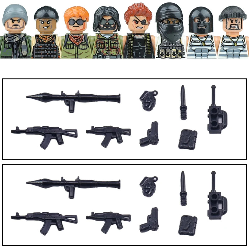 City Accessories MOC Villain Gangster Figures Building Block Modern Soldier Mask Helmet Guns Bazooka Military Weapon Bricks Toys