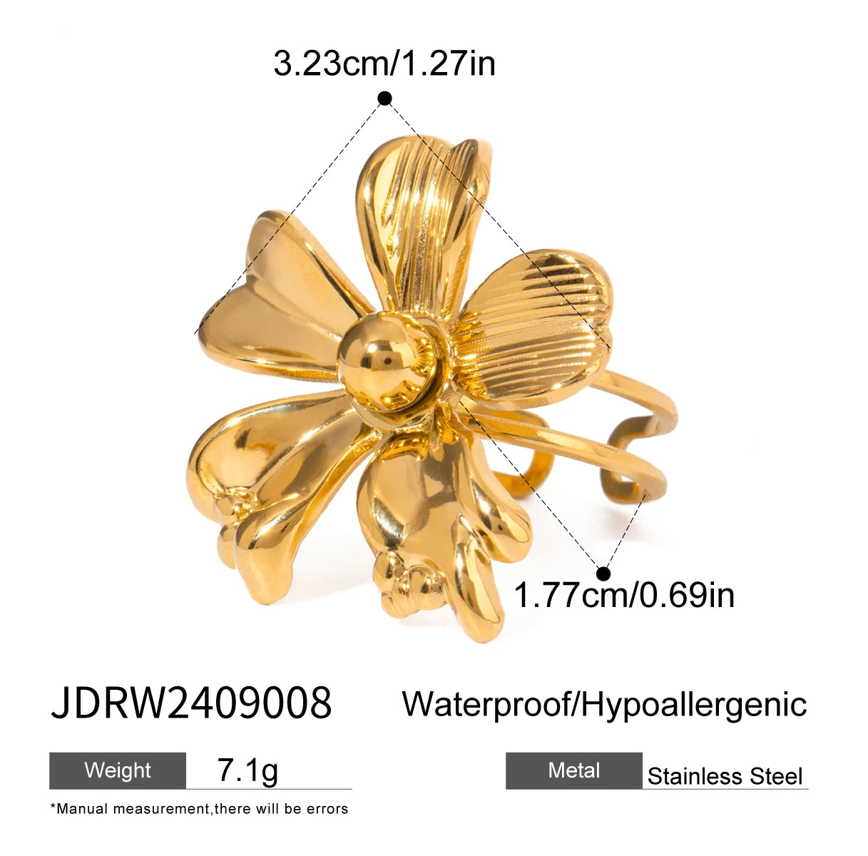 18K Gold Plated Stainless Steel Ribbed Flower Opening Ring Earrings Women Charms Metal Texture Waterproof Jewelry Gala Gift