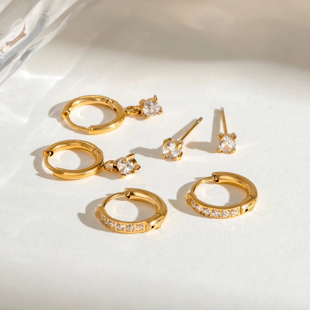 3 Pairs Per Card Stainless Steel White Rhinestone Earrings Women 18K PVD Plated Anti Allergic Rust Proof Jewelry