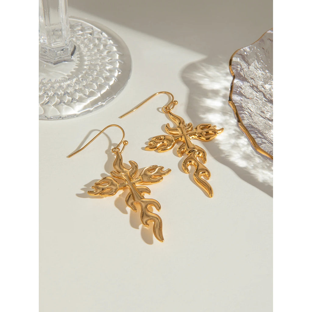 Creative 18K Gold Plated Stainless Steel Geometric Cross Flame Hook Earrings Women Waterproof Attractive Romantic Jewelry