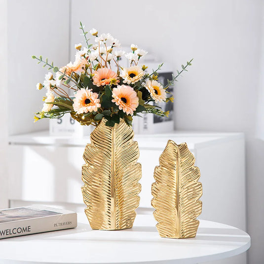 Gold Plated Feather Ceramic Vase Home Decor Creative Design Porcelain Decorative Flower Pot For Wedding Decoration