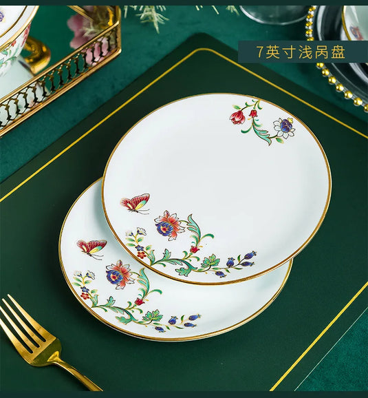 68 Piece Set Tableware Set Bowl and Dish 68 Piece Set Gilding Process Floral Butterfly Double Ear Pot Plate Spoon Stewing Cup Combination Set