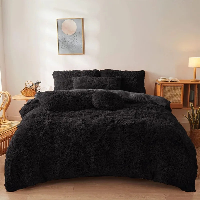 Ultra Soft Black Faux Fur 3-Piece Queen Comforter Set – Plush Fluffy Bedding with Duvet Cover and 2 Pillowcases